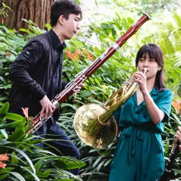 students play a bassoon and a horn among many green plants