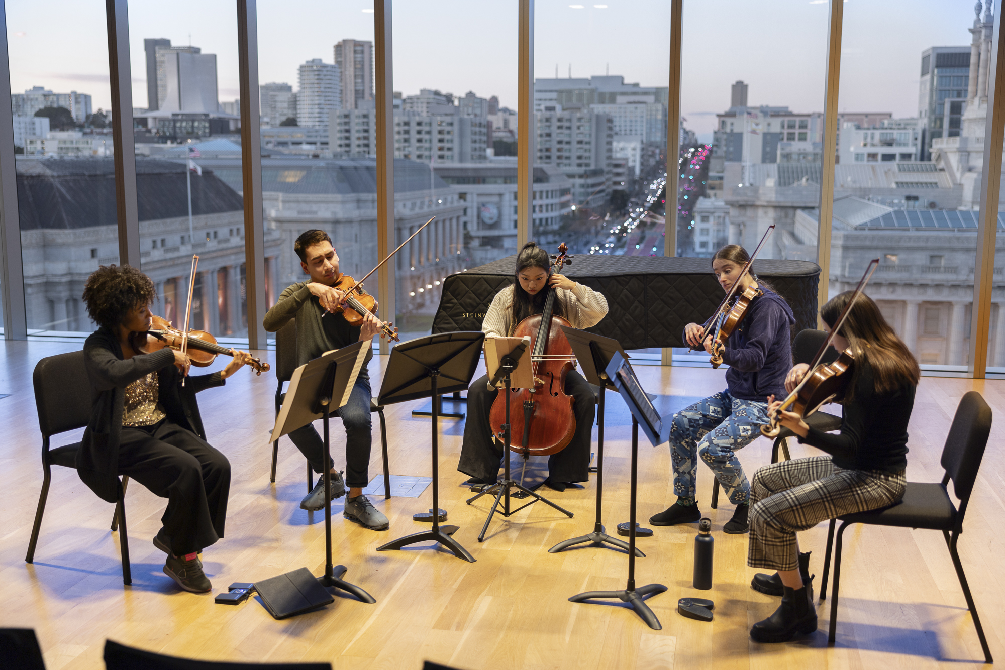 Melissa White (far left) performs with SFCM students in the Barbro Osher Recital Hall.