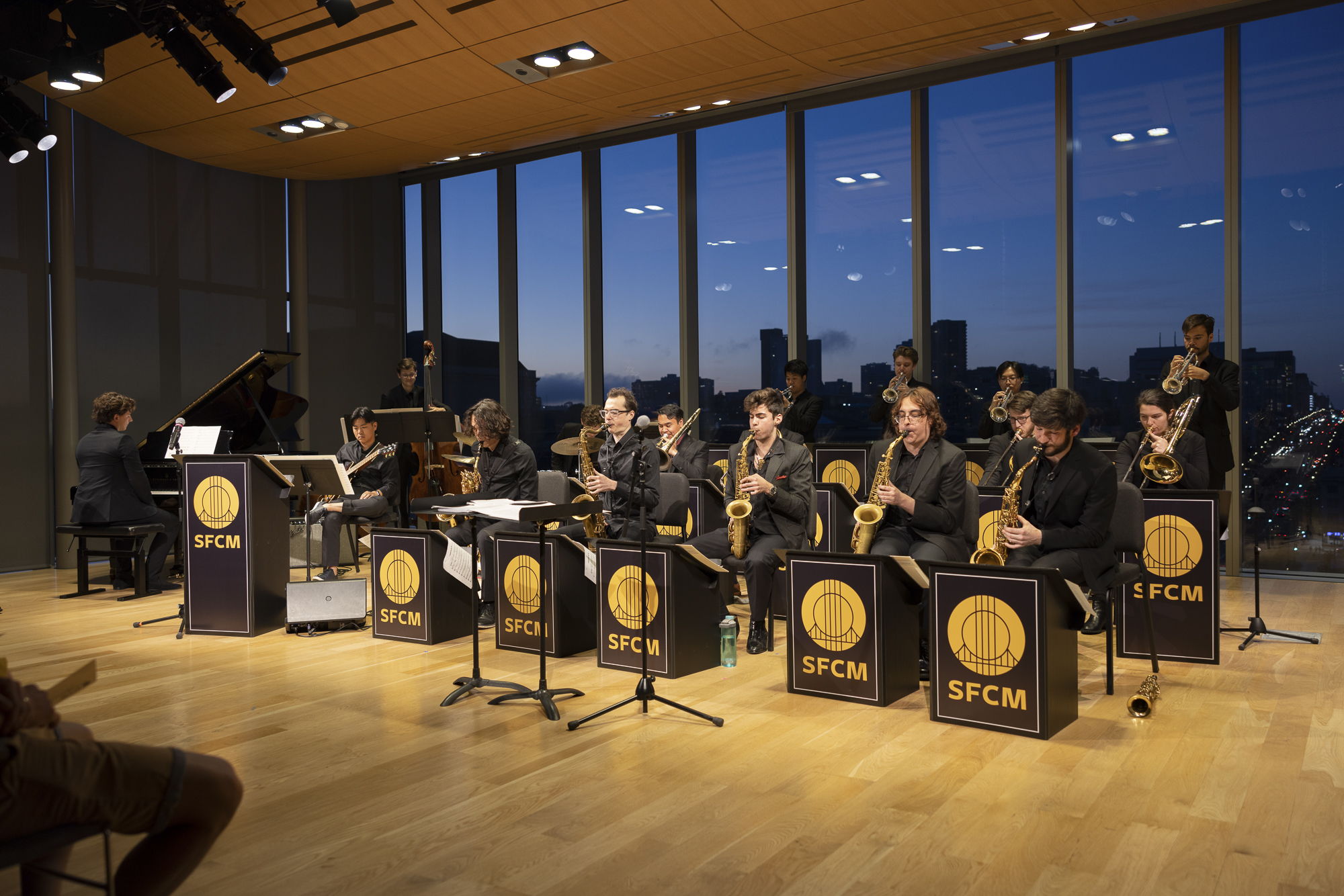 The Roots, Jazz, and American Music Big Band performs in the Barbro Osher Recital Hall.