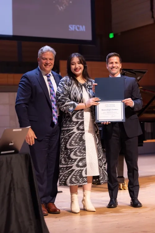 From left: SFCM President David Stull, Mumtozbegim Ochilova, and Dean Ryan Brown.