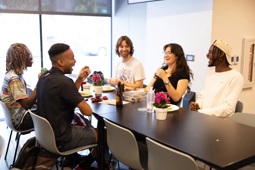 Students in the Bowes Center cafe.