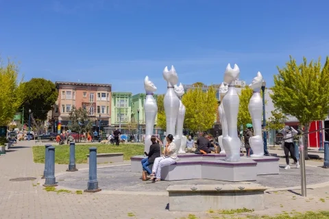 Artist David Normal's "Cathenge" installation in Patricia's Green. six large cat sculptures