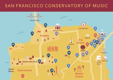 Map of San Francisco with arrows pointing to locations