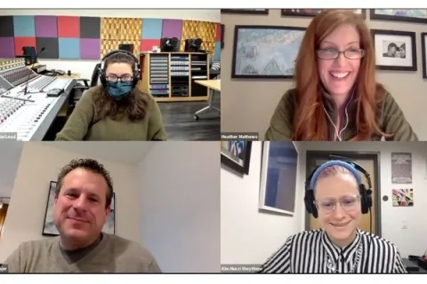 SFCM student Erica MacLeod on post production zoom call with SFCM Faculty Heather Mathews, Curt Pajer, and Kim Nucci