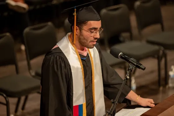 Manuel Calderon addresses his fellow classmates at SFCM's 2025 commencement.