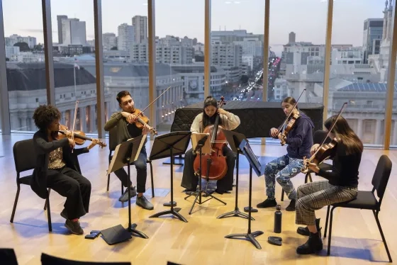 Melissa White (far left) performs with SFCM students in the Barbro Osher Recital Hall.