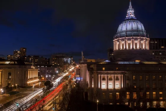 Van Ness Avenue and San Francisco City Hall, seen from SFCM's Barbro Osher Recital Hall.