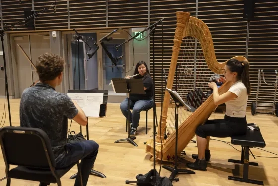 SFCM students record their classmates' winning KDFC sound logos in Studio G. 