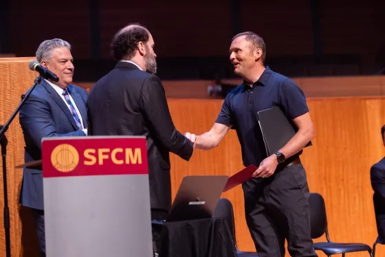 From left: President David Stull, Provost Jonas Wright, and Director of Recording Services Jason O'Connell.