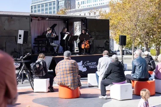 Students perform for music fans in downtown San Francisco. 