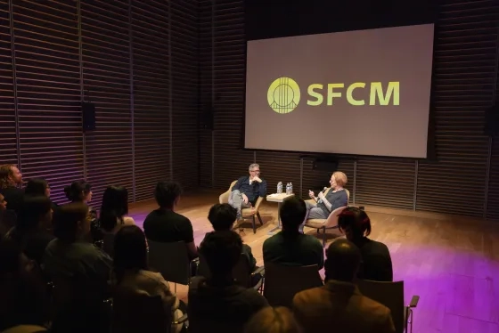 SFCM Music Director Edwin Outwater and Danny Elfman in SFCM's Studio G.