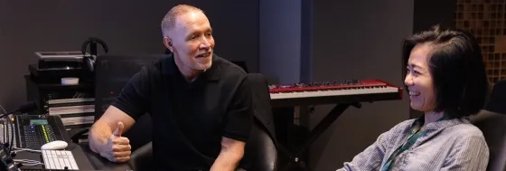 Michael Abels (left) in the Technology and Applied Composition (TAC) Department's flagship Studio H.