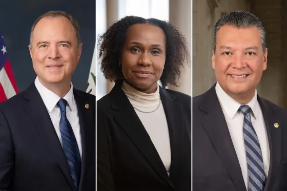 from left: Senator Adam Schiff, Kellie Gaines, and Senator Alex Padilla.