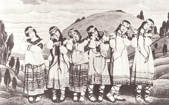 Dancers costumed in the original 'Rite of Spring' production.