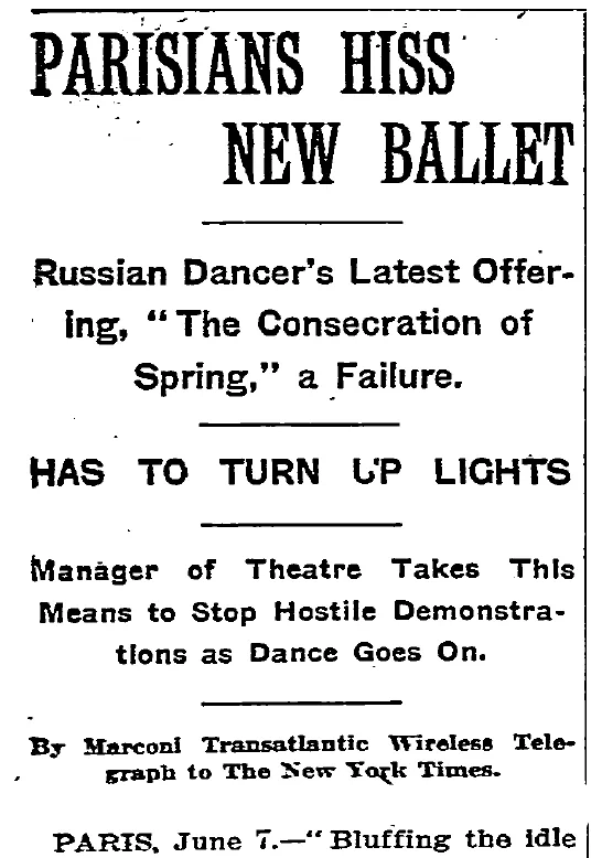 Wire report of the "Rite of Spring" in "The New York Times."