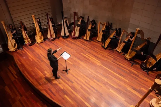 Faculty Jennifer Ellis conducts a harp ensemble during Summer@SFCM.