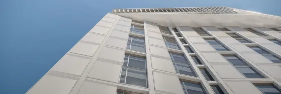 Photo looking up at the Bowes Building