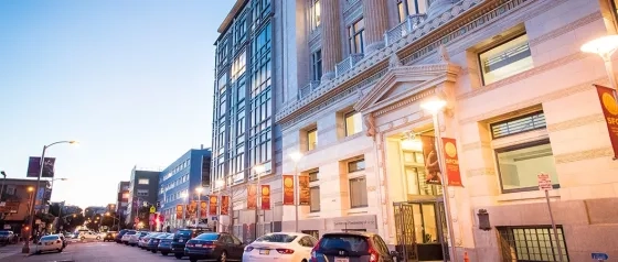 San Francisco Conservatory of Music wide shot 50 Oak St. campus at sunset