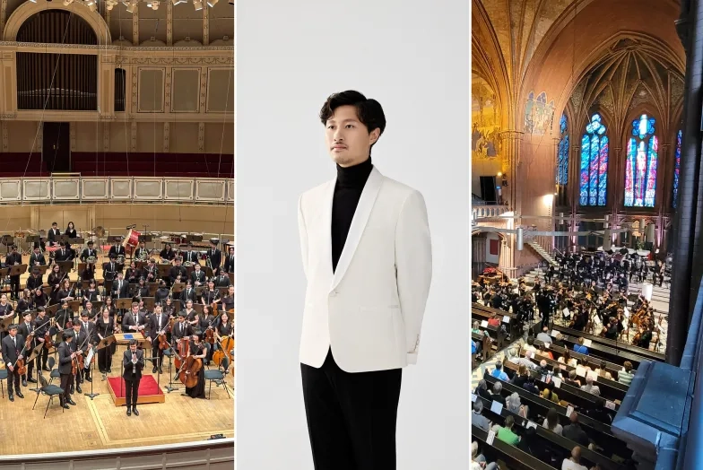 Jaco Wong with two youth orchestras he conducts.