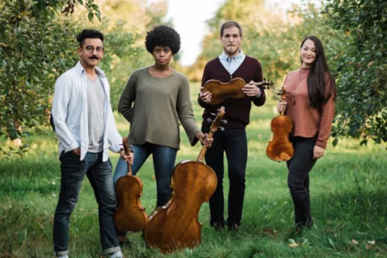 A string quartet, standing outside, all holding their instruments so that the back side faces the camera