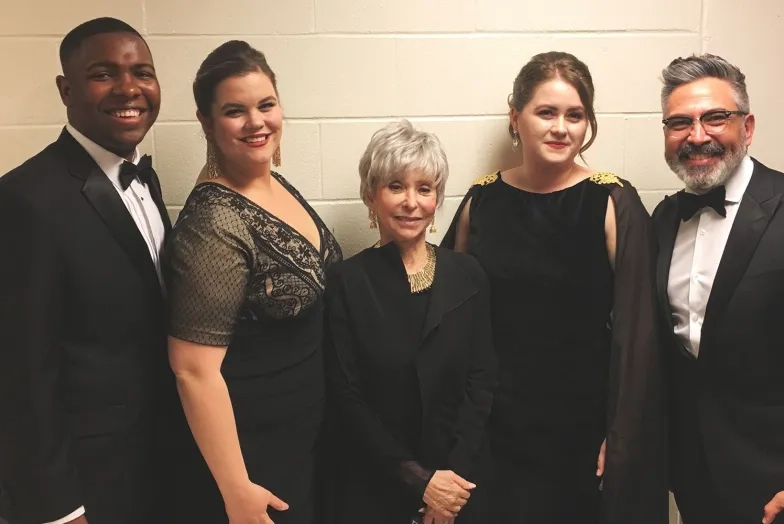Brandon Bell ’18, Kaitlin Bertschi ’18, Rita Moreno, Esther Tonea ’18, Jimmy Kansau ’04. Courtesy California Symphony