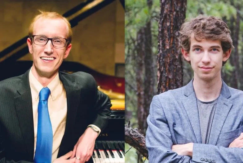 Photo of male individuals, one sitting in front of a piano another in a forest