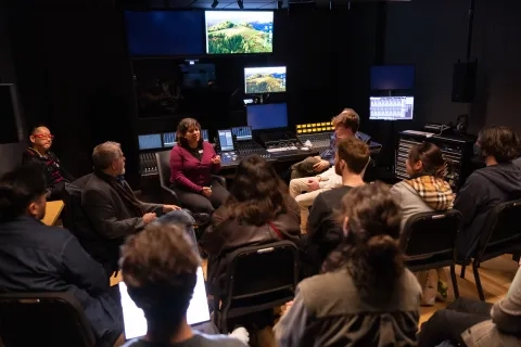 Florencia Manóvil speaks with TAC students in SFCM's Studio H.