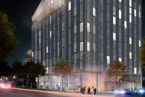 Bowes center rendering street view at night