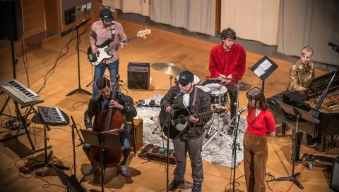 Winter Term students performing mixed ensemble in Osher Salon 50 Oak St. campus