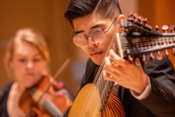 Students play historical instruments for Baroque Ensemble